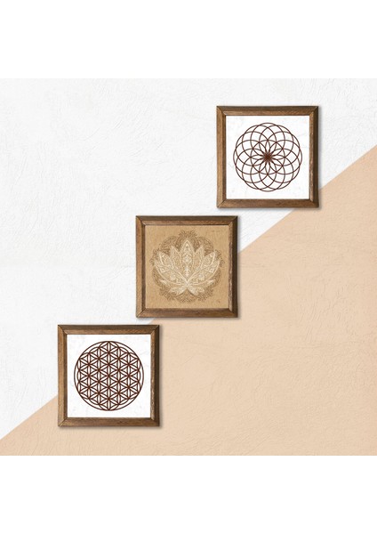 Lotus Çiçeği, Yaşam Çiçeği Taş Duvar Tablosu Ahşap Çerçeveli Duvar Dekoru 3 Parça Tablo Seti Wall Art W3-40