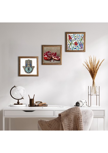 Çini Sanatı Lale, Nar, Fatma Ana Eli (Hamsa) Taş Duvar Tablosu Ahşap Çerçeveli Duvar Dekoru 3 Parça Tablo Seti Wall Art W3-746