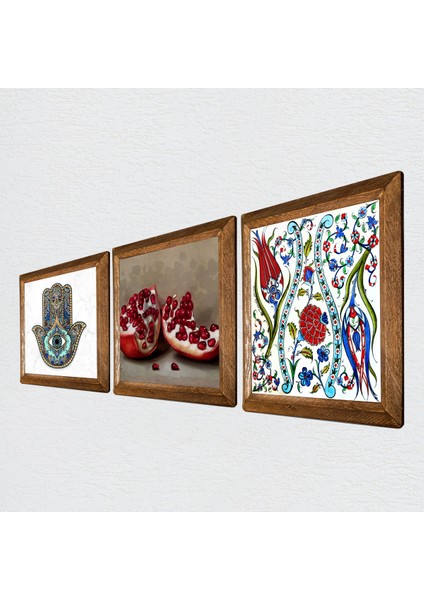 Çini Sanatı Lale, Nar, Fatma Ana Eli (Hamsa) Taş Duvar Tablosu Ahşap Çerçeveli Duvar Dekoru 3 Parça Tablo Seti Wall Art W3-746