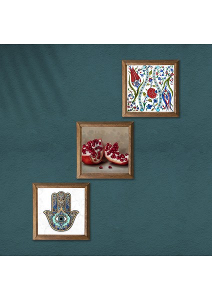 Çini Sanatı Lale, Nar, Fatma Ana Eli (Hamsa) Taş Duvar Tablosu Ahşap Çerçeveli Duvar Dekoru 3 Parça Tablo Seti Wall Art W3-746