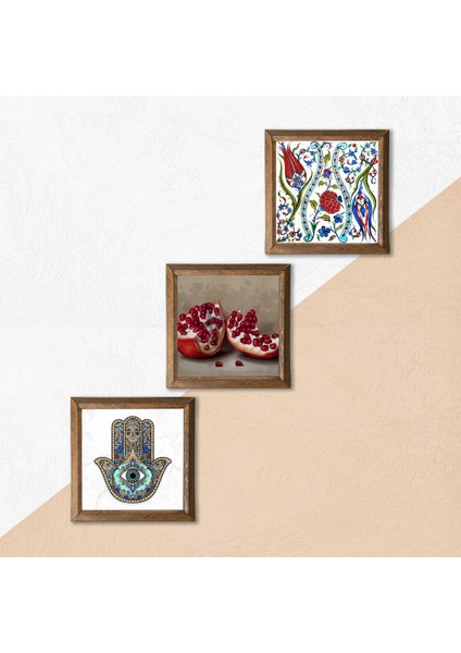 Çini Sanatı Lale, Nar, Fatma Ana Eli (Hamsa) Taş Duvar Tablosu Ahşap Çerçeveli Duvar Dekoru 3 Parça Tablo Seti Wall Art W3-746