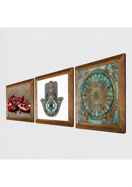 Yaşam Çiçeği, Nar, Fatma Ana Eli (Hamsa) Ahşap Çerçeveli Taş Duvar Tablosu 3’lü Set – 25x25 cm Dekoratif Modern Sanat – Ev ve Ofis Dekoru |W3-748| fiyatları