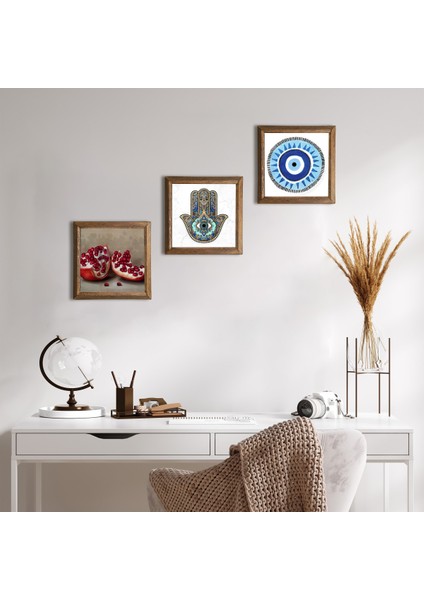 Nazar, Nar, Fatma Ana Eli (Hamsa) Taş Duvar Tablosu Ahşap Çerçeveli Duvar Dekoru 3 Parça Tablo Seti Wall Art W3-762