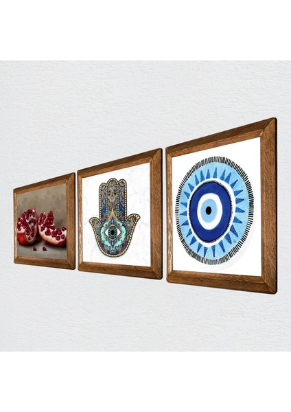 Nazar, Nar, Fatma Ana Eli (Hamsa) Taş Duvar Tablosu Ahşap Çerçeveli Duvar Dekoru 3 Parça Tablo Seti Wall Art W3-762