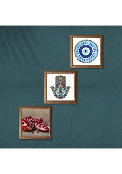 Nazar, Nar, Fatma Ana Eli (Hamsa) Taş Duvar Tablosu Ahşap Çerçeveli Duvar Dekoru 3 Parça Tablo Seti Wall Art W3-762