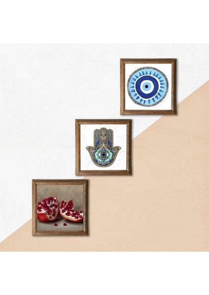 Nazar, Nar, Fatma Ana Eli (Hamsa) Taş Duvar Tablosu Ahşap Çerçeveli Duvar Dekoru 3 Parça Tablo Seti Wall Art W3-762