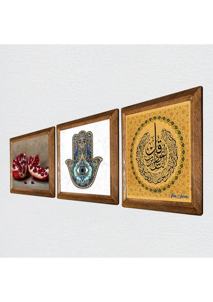 Stone Nas Suresi, Nar, Fatma Ana Eli (Hamsa) Ahşap Çerçeveli Taş Duvar Tablosu 3’lü Set – 25x25 cm Dekoratif Modern Sanat – Ev ve Ofis Dekoru |W3-767| fiyatları