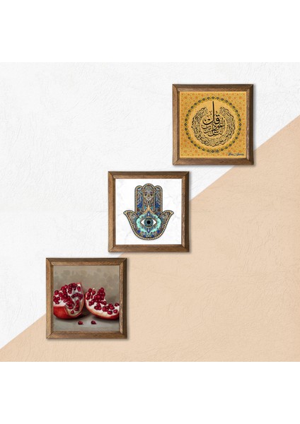 Stone Nas Suresi, Nar, Fatma Ana Eli (Hamsa) Ahşap Çerçeveli Taş Duvar Tablosu 3’lü Set – 25x25 cm Dekoratif Modern Sanat – Ev ve Ofis Dekoru |W3-767| indirimleri