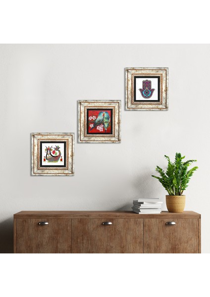 Kuş, Fatma Ana Eli (Hamsa), Şahmeran Taş Duvar Tablosu Çerçeveli Duvar Dekoru 3 Parça Tablo Seti Wall Art T3-184
