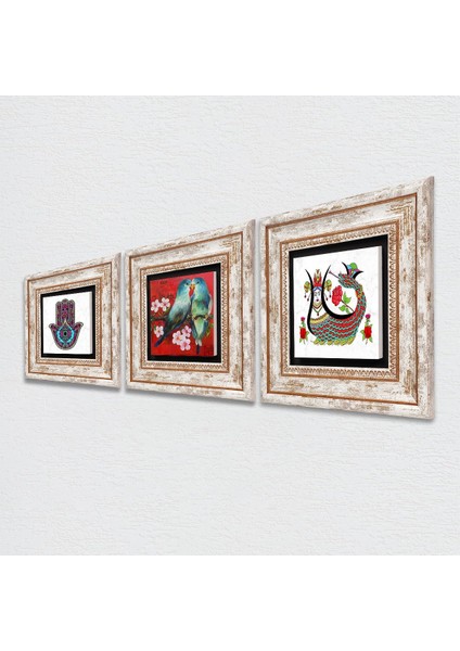 Kuş, Fatma Ana Eli (Hamsa), Şahmeran Taş Duvar Tablosu Çerçeveli Duvar Dekoru 3 Parça Tablo Seti Wall Art T3-184