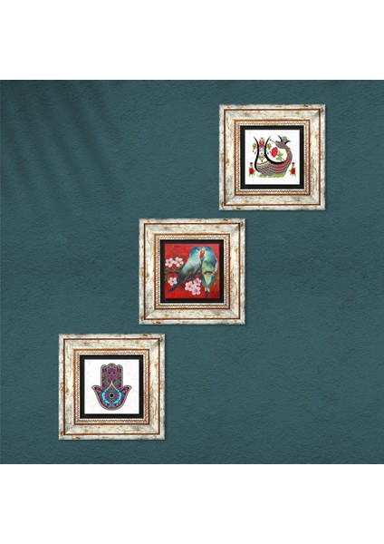 Kuş, Fatma Ana Eli (Hamsa), Şahmeran Taş Duvar Tablosu Çerçeveli Duvar Dekoru 3 Parça Tablo Seti Wall Art T3-184