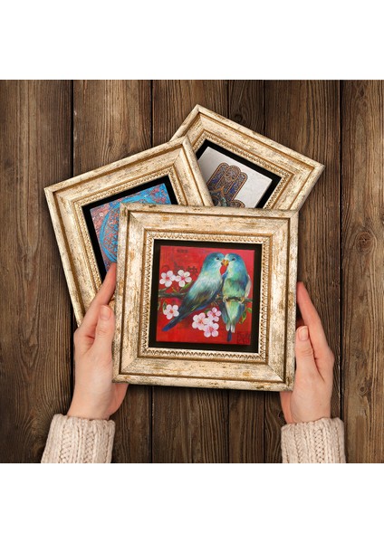 Kuş, Fatma Ana Eli (Hamsa), Şahmeran Taş Duvar Tablosu Çerçeveli Duvar Dekoru 3 Parça Tablo Seti Wall Art T3-184