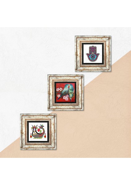 Kuş, Fatma Ana Eli (Hamsa), Şahmeran Taş Duvar Tablosu Çerçeveli Duvar Dekoru 3 Parça Tablo Seti Wall Art T3-184