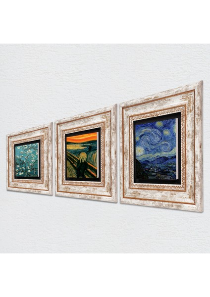 Çığlık Tablosu, Van Gogh Yıldızlı Gece, Badem Ağacı Taş Duvar Tablosu Çerçeveli Duvar Dekoru 3 Parça Tablo Seti Wall Art T3-1840