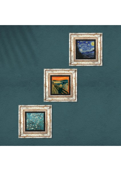 Çığlık Tablosu, Van Gogh Yıldızlı Gece, Badem Ağacı Taş Duvar Tablosu Çerçeveli Duvar Dekoru 3 Parça Tablo Seti Wall Art T3-1840