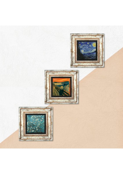 Çığlık Tablosu, Van Gogh Yıldızlı Gece, Badem Ağacı Taş Duvar Tablosu Çerçeveli Duvar Dekoru 3 Parça Tablo Seti Wall Art T3-1840
