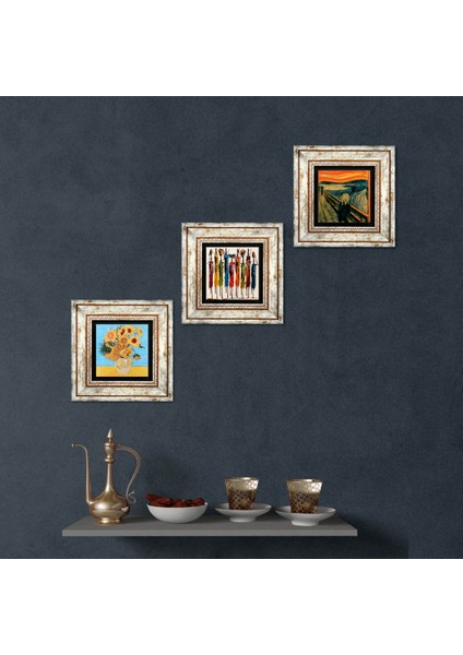 Stone Van Gogh On İki Ayçiçekli Vazo, Çığlık, Yerli Kadınlar Çerçeveli Taş Duvar Tablosu 3’lü Set - Dekoratif Modern Sanat, Ev ve Ofis Dekoru |TK3-1856|