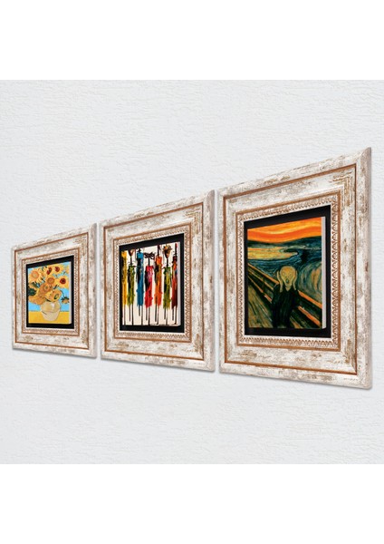 Stone Van Gogh On İki Ayçiçekli Vazo, Çığlık, Yerli Kadınlar Çerçeveli Taş Duvar Tablosu 3’lü Set - Dekoratif Modern Sanat, Ev ve Ofis Dekoru |TK3-1856| fiyatları