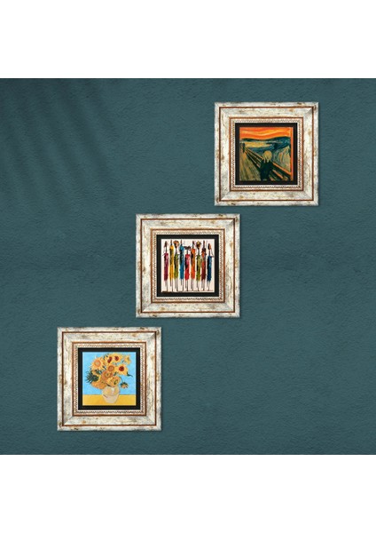 Stone Van Gogh On İki Ayçiçekli Vazo, Çığlık, Yerli Kadınlar Çerçeveli Taş Duvar Tablosu 3’lü Set - Dekoratif Modern Sanat, Ev ve Ofis Dekoru |TK3-1856| fırsatları