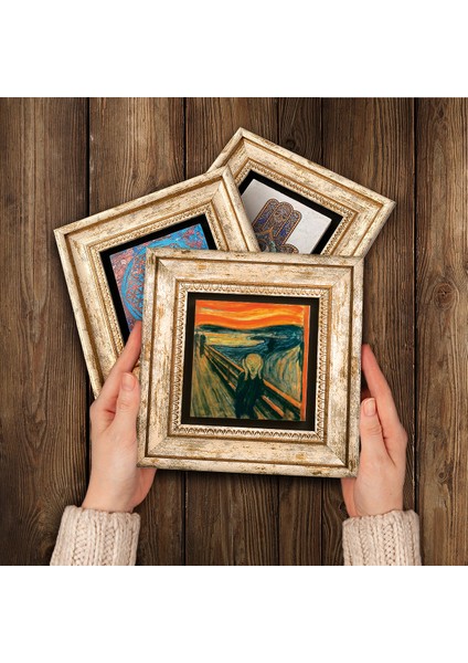 Stone Van Gogh On İki Ayçiçekli Vazo, Çığlık, Yerli Kadınlar Çerçeveli Taş Duvar Tablosu 3’lü Set - Dekoratif Modern Sanat, Ev ve Ofis Dekoru |TK3-1856| modelleri