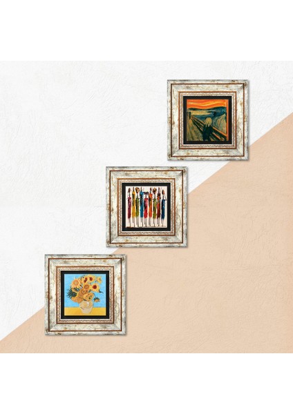 Stone Van Gogh On İki Ayçiçekli Vazo, Çığlık, Yerli Kadınlar Çerçeveli Taş Duvar Tablosu 3’lü Set - Dekoratif Modern Sanat, Ev ve Ofis Dekoru |TK3-1856| indirimleri