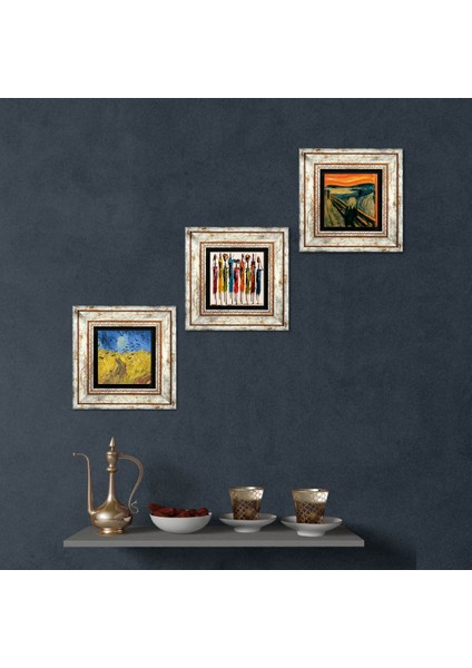 Van Gogh Buğday Tarlası ve Kargalar, Çığlık, Yerli Kadınlar Çerçeveli Taş Duvar Tablosu 3’lü Set - Dekoratif Modern Sanat, Ev ve Ofis Dekoru |TK3-1860|