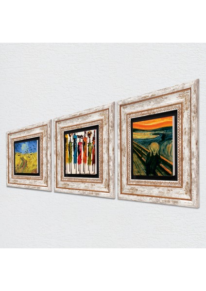 Van Gogh Buğday Tarlası ve Kargalar, Çığlık, Yerli Kadınlar Çerçeveli Taş Duvar Tablosu 3’lü Set - Dekoratif Modern Sanat, Ev ve Ofis Dekoru |TK3-1860| fiyatları