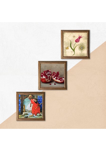 Lale Ebru Sanatı, Kaplumbağa Terbiyecisi, Nar Taş Duvar Tablosu Ahşap Çerçeveli Duvar Dekoru 3 Parça Tablo Seti Wall Art W3-1539
