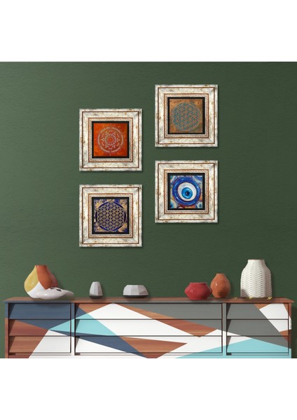 Nazar, Yaşam Çiçeği, Mandala Taş Duvar Tablosu Çerçeveli Duvar Dekoru 4 Parça Tablo Seti Wall Art T4-1591