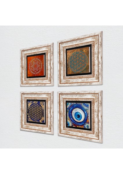 Nazar, Yaşam Çiçeği, Mandala Taş Duvar Tablosu Çerçeveli Duvar Dekoru 4 Parça Tablo Seti Wall Art T4-1591