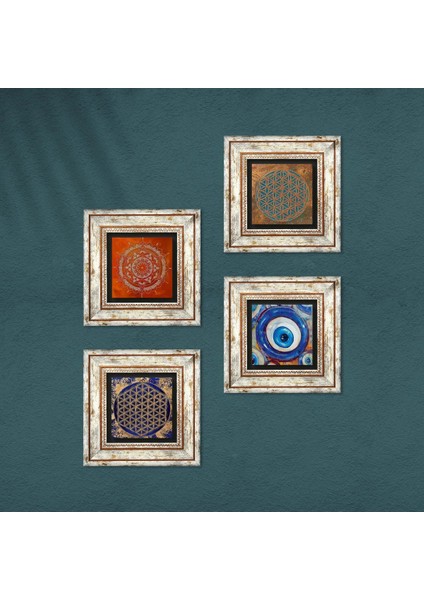 Nazar, Yaşam Çiçeği, Mandala Taş Duvar Tablosu Çerçeveli Duvar Dekoru 4 Parça Tablo Seti Wall Art T4-1591