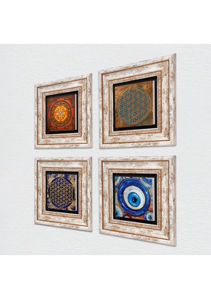 Nazar, Yaşam Çiçeği, Sri Yantra Taş Duvar Tablosu Çerçeveli Duvar Dekoru 4 Parça Tablo Seti Wall Art T4-1594