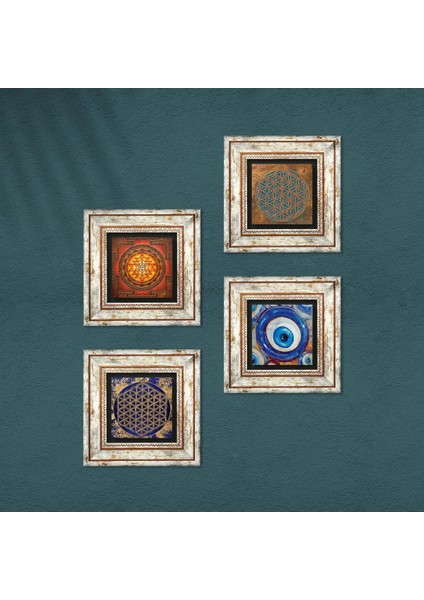 Nazar, Yaşam Çiçeği, Sri Yantra Taş Duvar Tablosu Çerçeveli Duvar Dekoru 4 Parça Tablo Seti Wall Art T4-1594