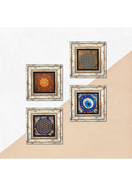 Nazar, Yaşam Çiçeği, Sri Yantra Taş Duvar Tablosu Çerçeveli Duvar Dekoru 4 Parça Tablo Seti Wall Art T4-1594