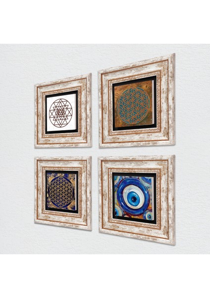 Nazar, Sri Yantra, Yaşam Çiçeği Çerçeveli Taş Duvar Tablosu 4’lü Set - Dekoratif Modern Sanat, Ev ve Ofis Dekoru |TK4-1595| fiyatları