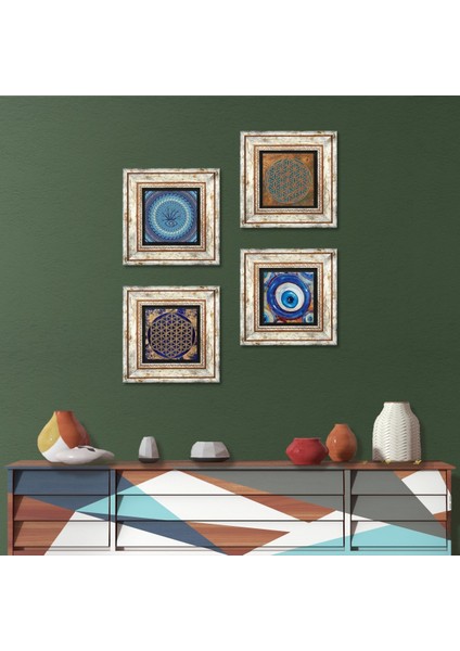 Nazar, Yaşam Çiçeği Taş Duvar Tablosu Çerçeveli Duvar Dekoru 4 Parça Tablo Seti Wall Art T4-1600