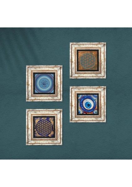Nazar, Yaşam Çiçeği Taş Duvar Tablosu Çerçeveli Duvar Dekoru 4 Parça Tablo Seti Wall Art T4-1600 fırsatları