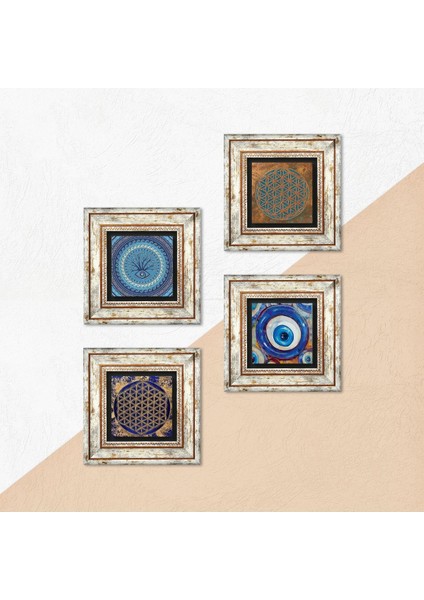 Nazar, Yaşam Çiçeği Taş Duvar Tablosu Çerçeveli Duvar Dekoru 4 Parça Tablo Seti Wall Art T4-1600 indirimleri
