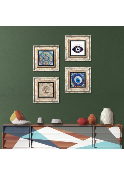 Nazar, Mandala, Hayat Ağacı Çerçeveli Taş Duvar Tablosu 4’lü Set - Dekoratif Modern Sanat, Ev ve Ofis Dekoru |TK4-1609|