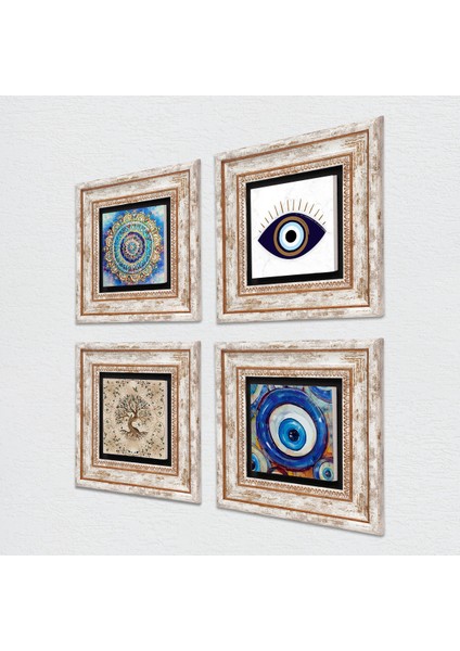 Nazar, Mandala, Hayat Ağacı Çerçeveli Taş Duvar Tablosu 4’lü Set - Dekoratif Modern Sanat, Ev ve Ofis Dekoru |TK4-1609| fiyatları