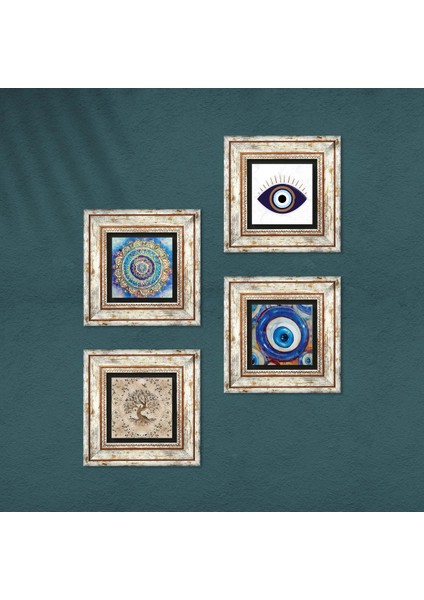 Nazar, Mandala, Hayat Ağacı Çerçeveli Taş Duvar Tablosu 4’lü Set - Dekoratif Modern Sanat, Ev ve Ofis Dekoru |TK4-1609| fırsatları
