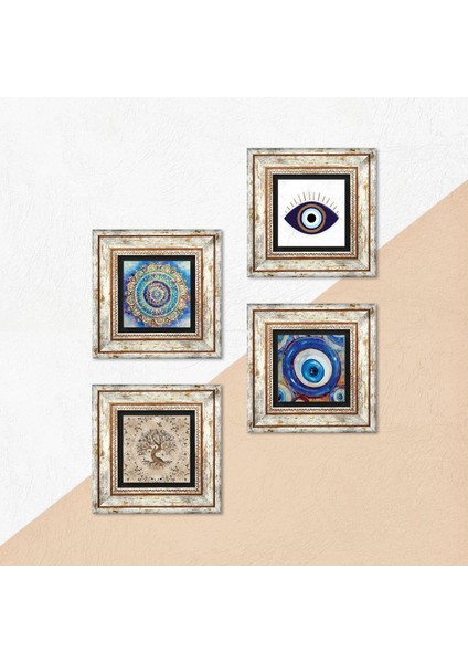 Nazar, Mandala, Hayat Ağacı Çerçeveli Taş Duvar Tablosu 4’lü Set - Dekoratif Modern Sanat, Ev ve Ofis Dekoru |TK4-1609| indirimleri