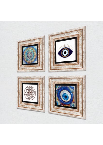 Stone Nazar, Mandala, Sri Yantra Çerçeveli Taş Duvar Tablosu 4’lü Set - Dekoratif Modern Sanat, Ev ve Ofis Dekoru |TK4-1616| fiyatları
