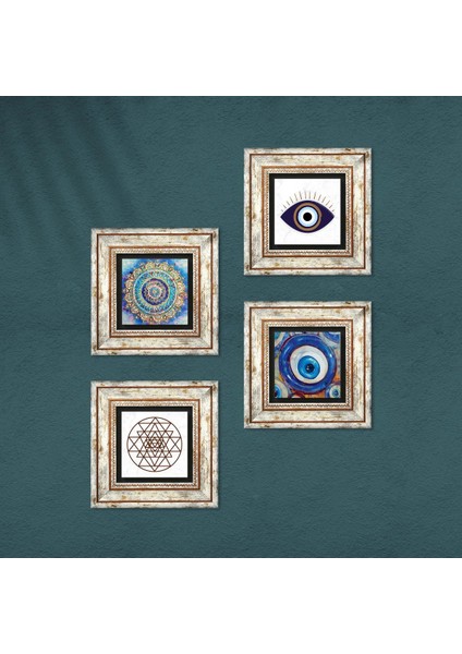 Stone Nazar, Mandala, Sri Yantra Çerçeveli Taş Duvar Tablosu 4’lü Set - Dekoratif Modern Sanat, Ev ve Ofis Dekoru |TK4-1616| fırsatları