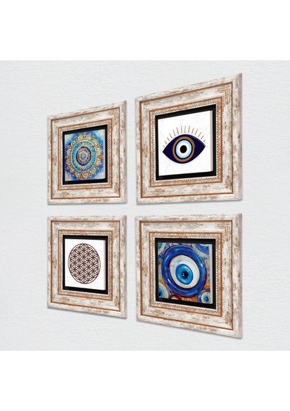 Nazar, Mandala, Yaşam Çiçeği Çerçeveli Taş Duvar Tablosu 4’lü Set - Dekoratif Modern Sanat, Ev ve Ofis Dekoru |TK4-1617| fiyatları