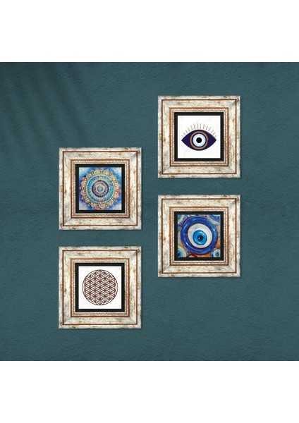 Nazar, Mandala, Yaşam Çiçeği Çerçeveli Taş Duvar Tablosu 4’lü Set - Dekoratif Modern Sanat, Ev ve Ofis Dekoru |TK4-1617| fırsatları