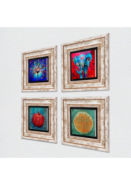 Fil, Lotus Çiçeği, Hayat Ağacı, Nar Taş Duvar Tablosu Çerçeveli Duvar Dekoru 4 Parça Tablo Seti Wall Art T4-862