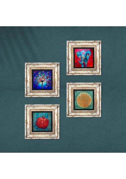 Fil, Lotus Çiçeği, Hayat Ağacı, Nar Taş Duvar Tablosu Çerçeveli Duvar Dekoru 4 Parça Tablo Seti Wall Art T4-862