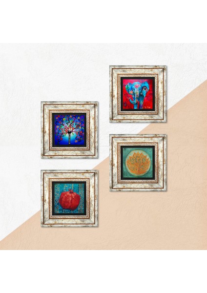 Fil, Lotus Çiçeği, Hayat Ağacı, Nar Taş Duvar Tablosu Çerçeveli Duvar Dekoru 4 Parça Tablo Seti Wall Art T4-862