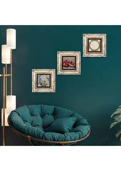 Hilye-i Şerif, Kelebekli Çiçek, Nar Taş Duvar Tablosu Çerçeveli Duvar Dekoru 3 Parça Tablo Seti Wall Art T3-1136